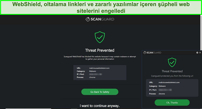 Kötü amaçlı yazılım testi web sitesine erişimi engelleyen Scanguard'ın WebShield özelliğinin ekran görüntüsü.