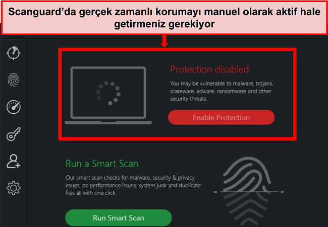 Gerçek zamanlı korumanın devre dışı bırakıldığı Scanguard'ın antivirüs uygulamasının ekran görüntüsü.