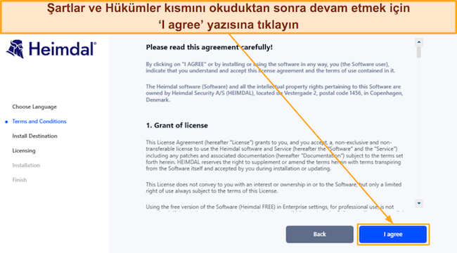 Heimdal'ın kurulumundaki hüküm ve koşulları gösteren ekran görüntüsü