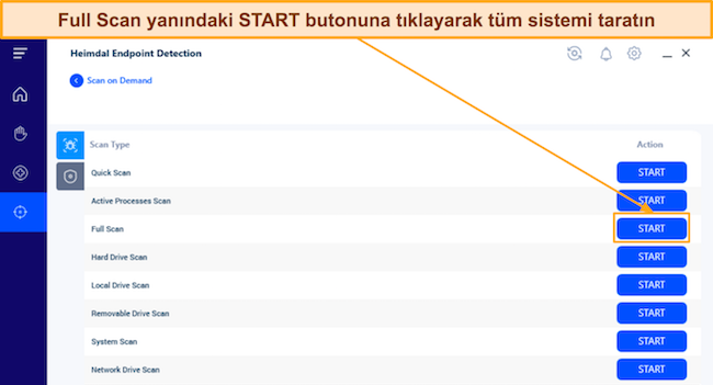 Heimdal'ın Tam Taramasının nasıl başlatılacağını gösteren ekran görüntüsü