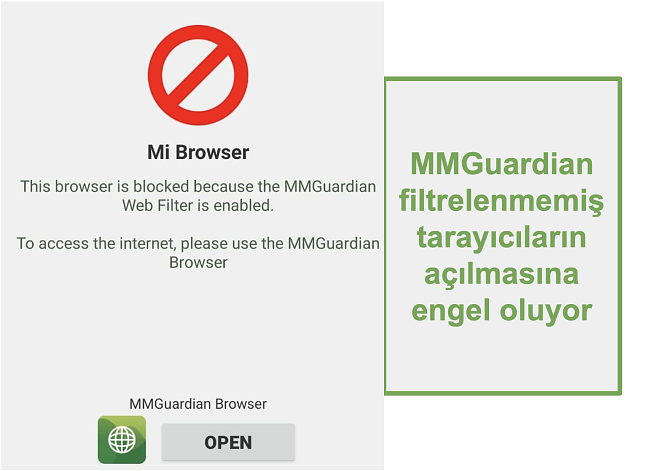 Filtrelenmemiş tarayıcıların açılmasını engelleyen MMGuardian ekran görüntüsü