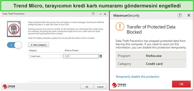 Trend Micro Veri Hırsızlığını Önleme özelliğinin ekran görüntüsü