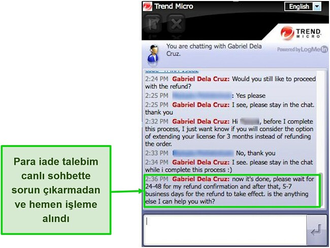 Trend Micro canlı sohbet üzerinden geri ödeme talebinin ekran görüntüsü