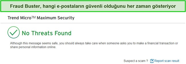 Trend Micro'nun e-posta mesajını tehditler için kontrol ettiği ekran görüntüsü