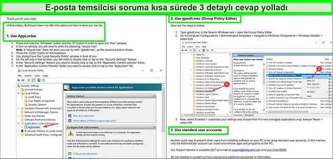 BullGuard e-posta destek mesajının ekran görüntüsü.