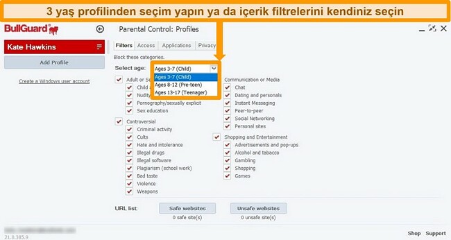 BullGuard'ın Ebeveyn Kontrolü ayarlarının ve profil filtrelerinin ekran görüntüsü.