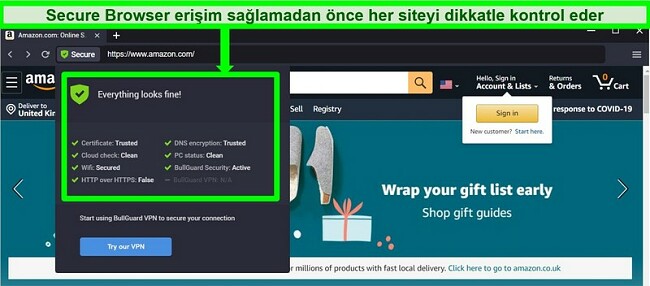 BullGuard'ın Güvenli Tarayıcısının tüm güvenlik kontrollerini gösteren ekran görüntüsü.