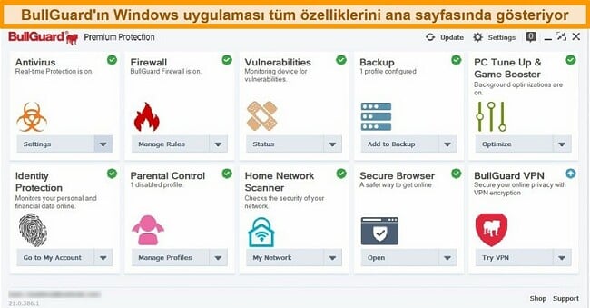 BullGuard'ın Windows'ta görünen ana arayüzünün ekran görüntüsü.