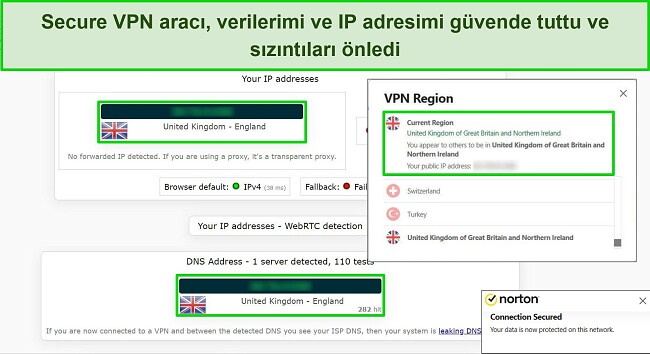 Bir İngiltere sunucusuna bağlı Norton Secure VPN'in ekran görüntüsü ve IP sızıntı testinin sonuçları veri sızıntısı göstermiyor.