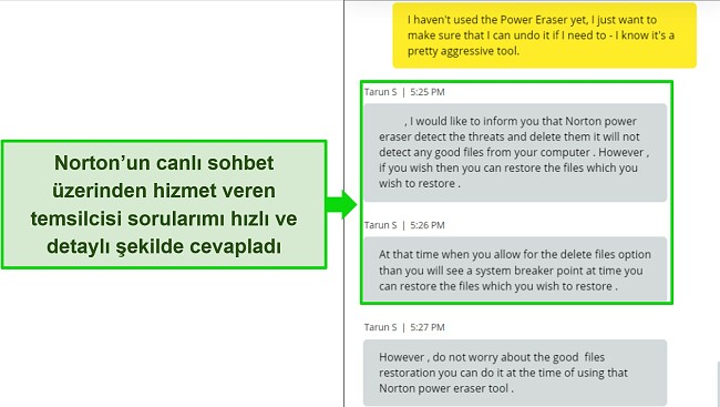 Power Eraser aracıyla ilgili bir soruyu yanıtlayan Norton'un canlı sohbet aracısının ekran görüntüsü.