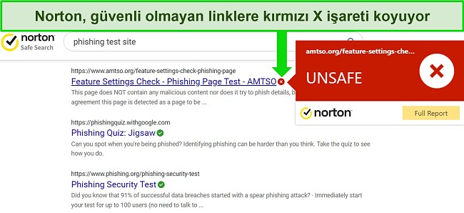 Güvenli ve güvenli olmayan URL'leri doğru bir şekilde algılayan Norton'un Güvenli Arama tarayıcı uzantısının ekran görüntüsü