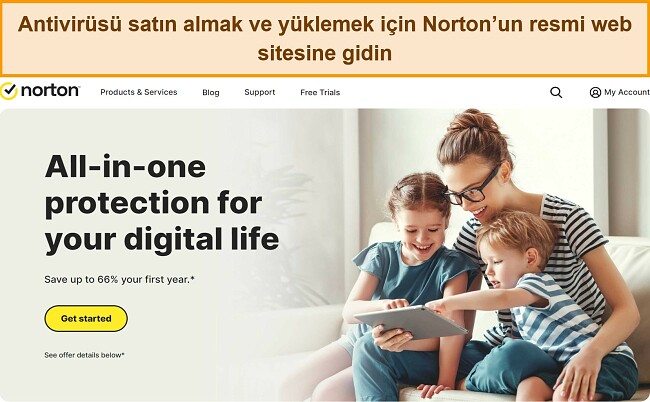 Norton'un resmi web sitesi ana sayfasının ekran görüntüsü.