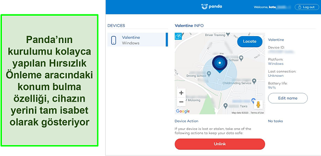 Korumalı bir cihazın tam yerini tespit eden Panda'nın Hırsızlık Önleme konum belirleme aracının ekran görüntüsü