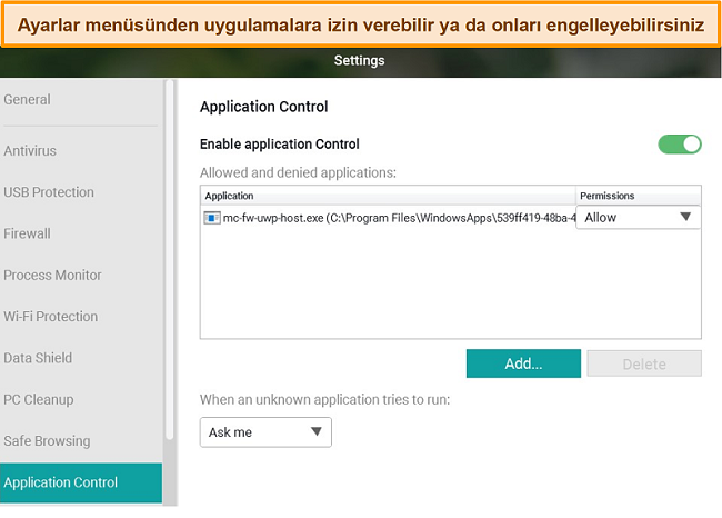 Panda'nın Uygulama Kontrolü yapılandırma menüsünün ekran görüntüsü