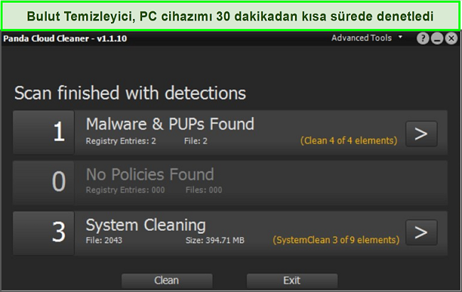 Tamamlanmış bir taramayla Panda'nın Bulut Temizleyici özelliğinin ekran görüntüsü