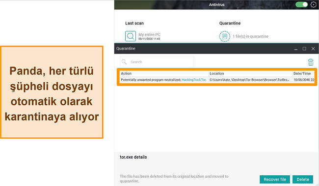 Karantinaya alınmış bir dosyanın vurgulanmış olduğu Panda'nın Karantina özelliğinin ekran görüntüsü.