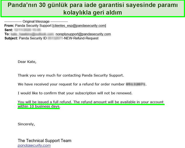 30 günlük para iade garantisi ile Panda antivirüs tarafından onaylanan tam geri ödemeyi gösteren e-posta