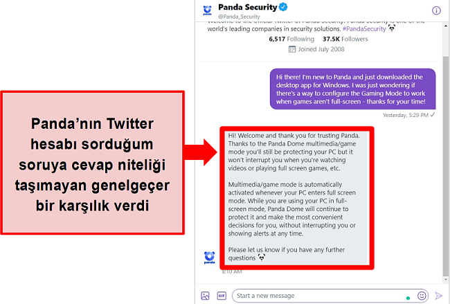 Panda'nın belirli bir yapılandırma sorusuna verdiği Twitter yanıtının ekran görüntüsü