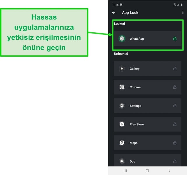 TotalAV'ın Android uygulamasındaki Uygulama Kilidi özelliğini gösteren ekran görüntüsü