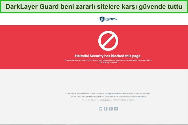 Kötü amaçlı bir web sitesini engelleyen Heimdal Security'nin ekran görüntüsü