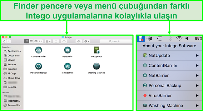 Finder penceresinden veya menü çubuğundan farklı Intego uygulamalarına nasıl erişileceğini gösteren ekran görüntüsü