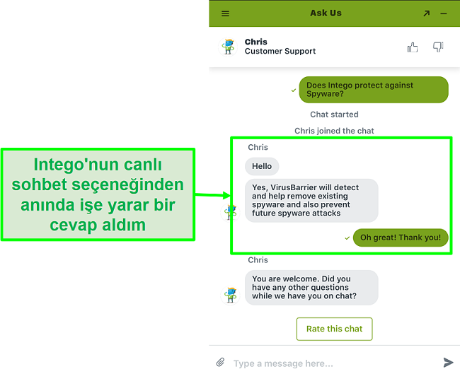 Hızlı ve faydalı destek veren Intego canlı sohbet ekran görüntüsü