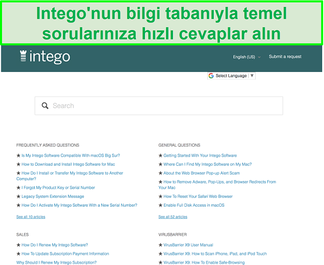 Intego'nun ortak soruları ve yanıtları gösteren bilgi tabanının ekran görüntüsü