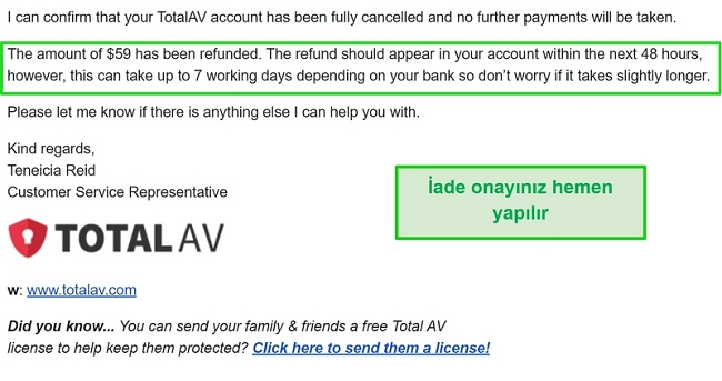 TotalAV'ın geri ödeme onay e-postasının ekran görüntüsü