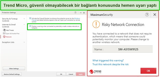 Riskli bir bağlantıyı engelleyen Trend Micro'nun ekran görüntüsü