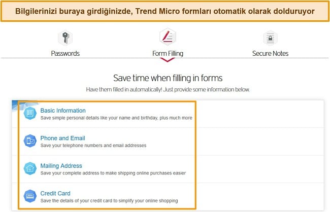Trend Micro Password Manager otomatik doldurma seçeneklerinin ekran görüntüsü