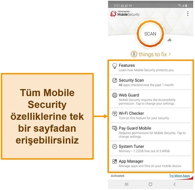 Trend Micro mobil güvenlik arayüzünün ekran görüntüsü