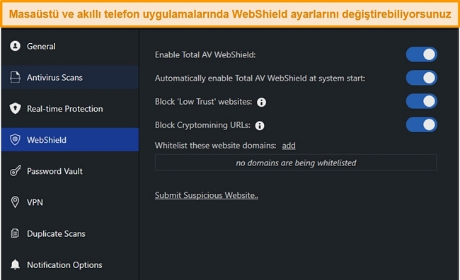 TotalAV'ın masaüstü uygulamasında WebShield ayarlarının ekran görüntüsü