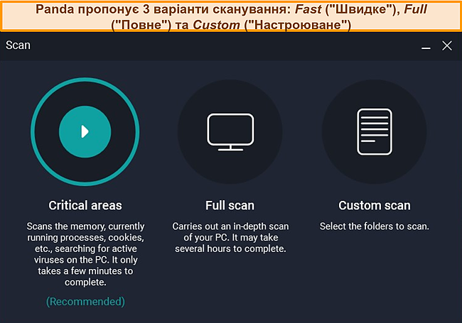 Скріншот 3 різних варіантів сканування Panda.