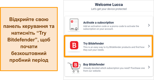 Знімок екрана про те, як розпочати пробну версію Bitdefender з його інформаційної панелі Bitdefender Central.