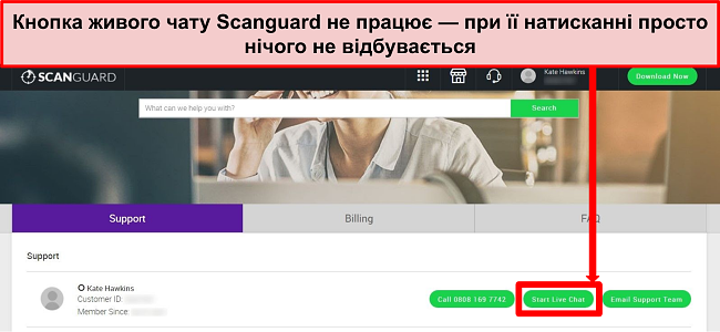 Знімок екрана веб -сайту підтримки Scanguard з виділеною кнопкою Live Chat.