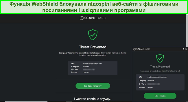 Знімок екрана функції WebShield Scanguard, що блокує доступ до веб -сайту для перевірки шкідливих програм.