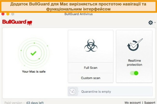Знімок екрану основного інтерфейсу BullGuard для Mac