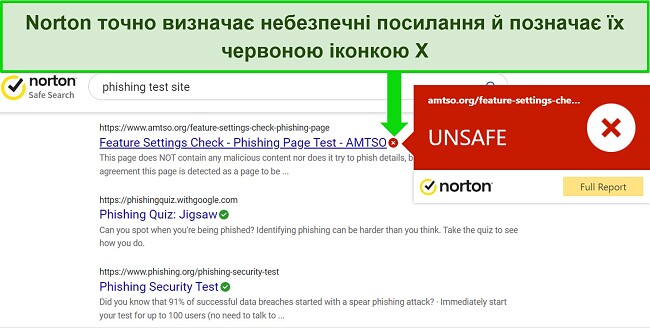 Знімок екрана розширення Safe Search від Norton, яке точно визначає безпечні та небезпечні URL-адреси