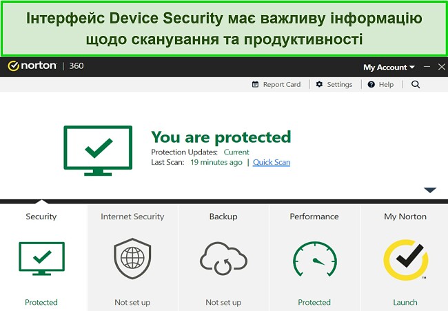 Знімок екрана інформаційної панелі Norton Device Security для Windows.