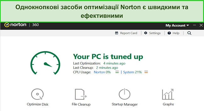 Знімок екрана інструментів оптимізації Norton.