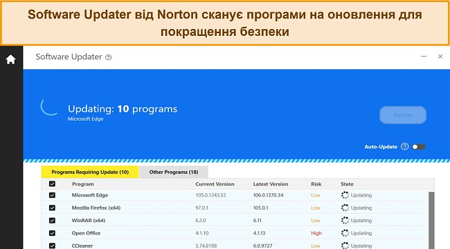 Знімок екрана програми Norton Software Updater, яка оновлює 10 програм для захисту від уразливостей програм.