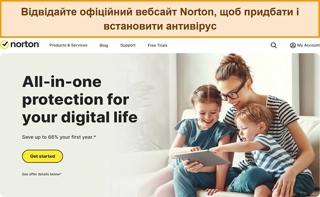 Знімок екрана домашньої сторінки офіційного сайту Norton.