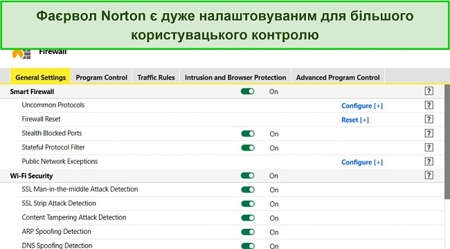 Знімок екрана налаштувань брандмауера Norton, що демонструє високий рівень настроюваності.