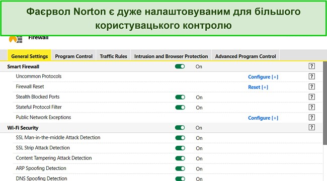 Знімок екрана налаштувань брандмауера Norton, що демонструє високий рівень настроюваності.