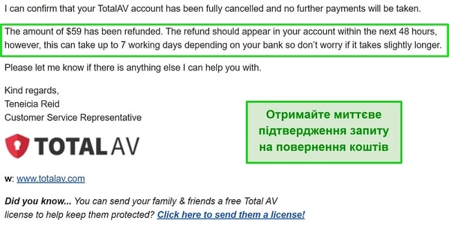 Знімок екрана електронного листа з підтвердженням повернення коштів від TotalAV