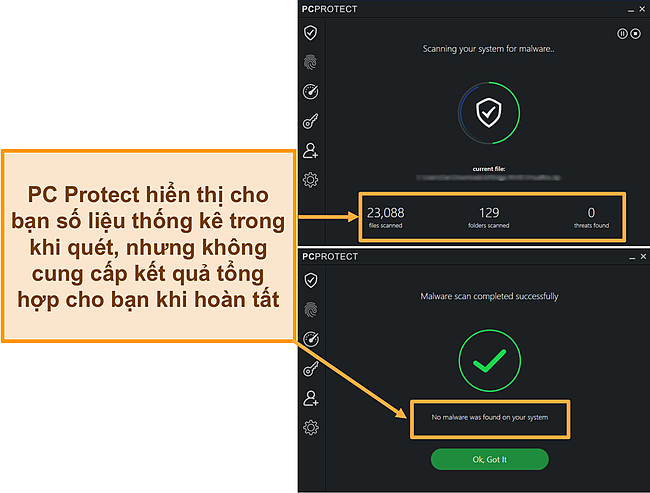 Ảnh chụp màn hình PC Protect đang thực hiện Quét phần mềm độc hại, chỉ hiển thị số liệu thống kê khi quét. Sau khi hoàn thành, kết quả biến mất.