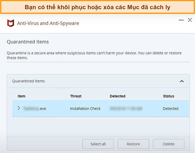 Ảnh chụp màn hình tính năng McAfee Quarantine