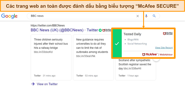 Ảnh chụp màn hình tìm kiếm trên web của Google với McAfee Web domains cho thấy một trang web là xác thực và an toàn