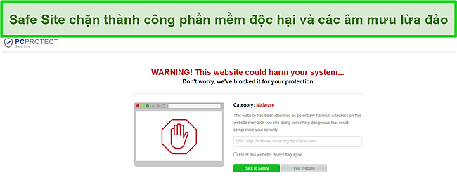 Ảnh chụp màn hình Trang web An toàn của PC Protect đã chặn thành công nỗ lực của phần mềm độc hại.