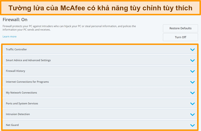 Ảnh chụp màn hình các tính năng của McAfee Firewall